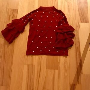 SHEIN Crimson Ruffle Sleeve Pearl Accent Sweater